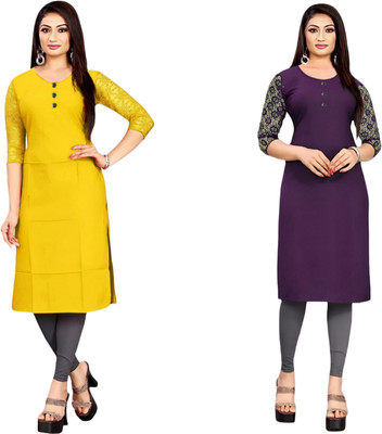 HouseOfCommon Women Solid Straight Kurta(Yellow, Purple)