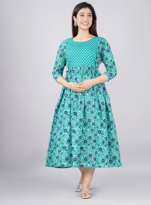 Tulsiram Women Printed Anarkali Kurta(Green, Blue)