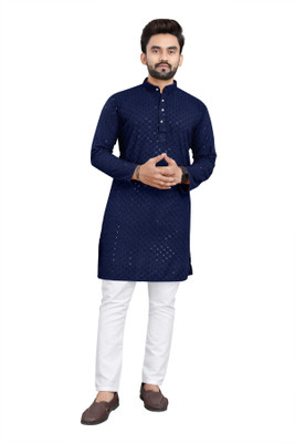 CRYSTALREVENUE Men Chikan Embroidery Straight Kurta(Dark Blue)