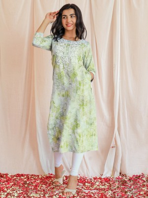 LIBAS Women Printed Straight Kurta(Green)