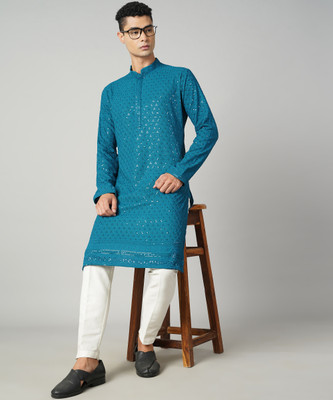 VINAARI Men Embroidered Straight Kurta(Blue)
