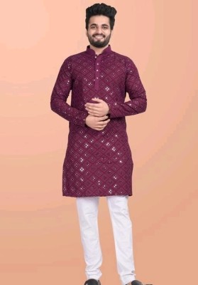 Nellist Men Embroidered Straight Kurta(Purple)