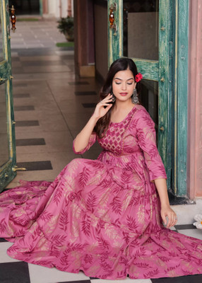 anushansa Women Printed Flared Kurta(Pink)