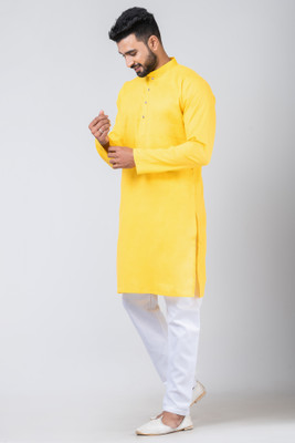 Increaft Men Self Design Straight Kurta(Yellow)