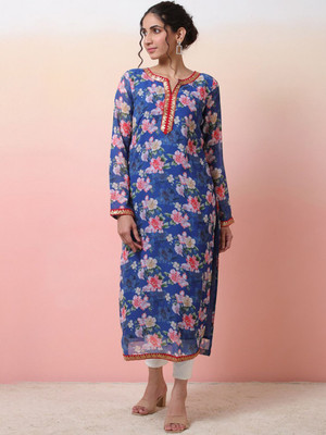 Sangria Women Printed Straight Kurta(Blue)