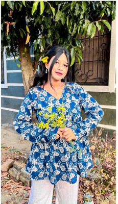 KAWYA Women Floral Print A-line Kurta(Blue)
