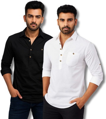 EchoWear Men Solid Straight Kurta(Black, White)