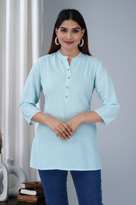Tanisha Women Printed Straight Kurta(Light Blue, White)