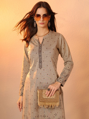 LIBAS Women Woven Design Straight Kurta(Grey)