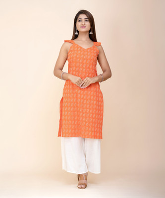 Sharleez Women Printed Straight Kurta(Orange)
