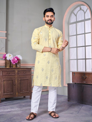 FOXDX Men Embroidered Straight Kurta(Yellow)