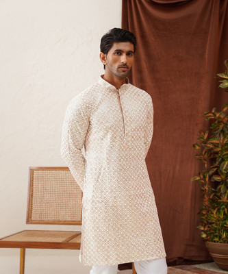 Jompers Men Embroidered Straight Kurta(Beige)