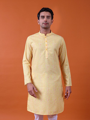 Namaskar Men Printed Straight Kurta(Yellow)