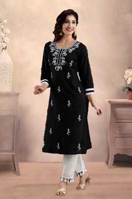 HouseOfCommon Women Chikan Embroidery Straight Kurta(Black)