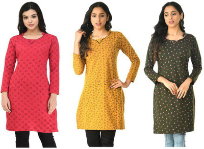 KAYU Women Floral Print Straight Kurta(Dark Green, Pink, Orange)