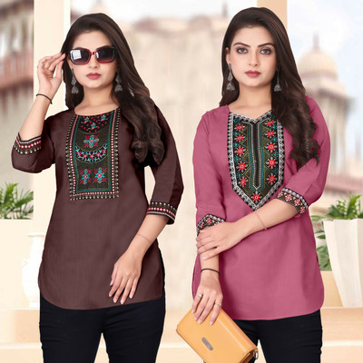 HELLY512 Women Embroidered A-line Kurta(Brown, Pink)