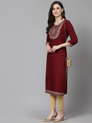 his&her Women Embroidered Straight Kurta(Maroon)