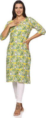 Earth Konnection Women Block Print Straight Kurta(Yellow)