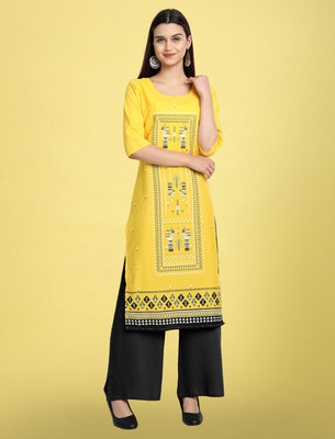 1 Stop Fashion Women Printed Straight Kurta(Yellow)