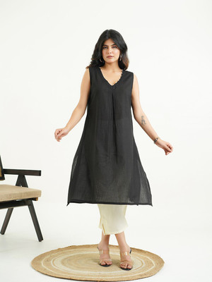 Goodhand Women Solid Straight Kurta(Black)