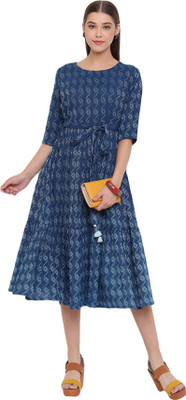 Janasya Women Printed A-line Kurta(Blue)