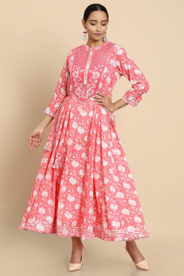 soch Women Floral Print Anarkali Kurta(Orange)