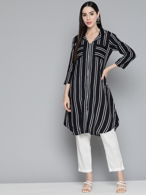 Jompers Women Striped A-line Kurta(Black)