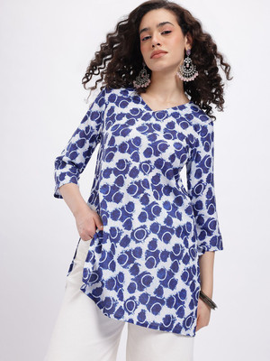 Anouk Rustic Women Printed Straight Kurta(White, Blue)