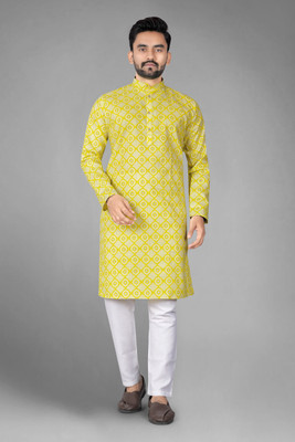 DHASU TRENDZ Men Printed Straight Kurta(Yellow)