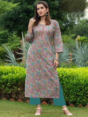 RR SA KURTIS Women Printed Straight Kurta(Grey)