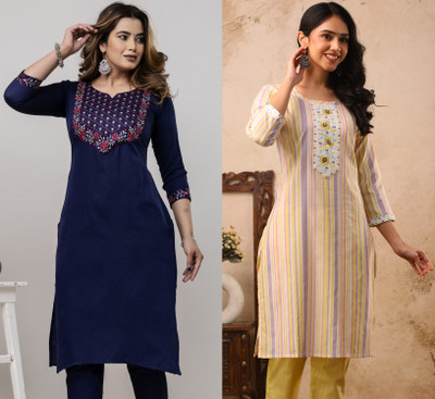 AuzaSho Collection Women Embroidered Straight Kurta(Dark Blue, Yellow)