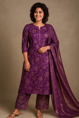 WomansApparel Women Block Print Straight Kurta(Purple)