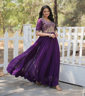 FOXDX Women Embroidered Gown Kurta(Purple)