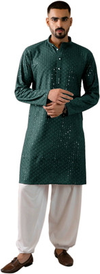 click n buy Men Embroidered Straight Kurta(Dark Green)