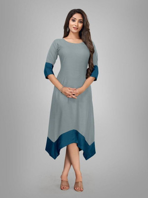fantasy fab Women Solid Asymmetric Kurta(Grey)