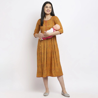 TRUE SHAPE Women Printed Flared Kurta(Yellow)