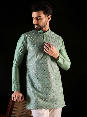 ANOUK Men Geometric Print Straight Kurta(Green)