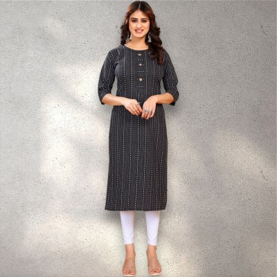 kunal enterprise Women Striped A-line Kurta(Black)