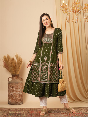 Globus Women Printed A-line Kurta(Green)