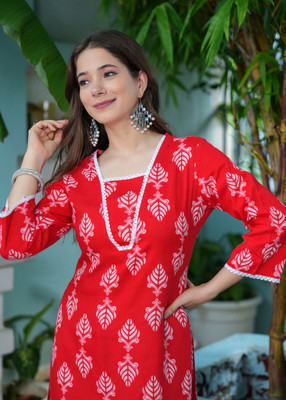 PRISCA Women Printed Straight Kurta(Red)