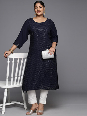 Elegant Creation Women Embroidered Straight Kurta(Blue)