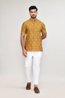 POLY2FAB Men Self Design Straight Kurta(Yellow)