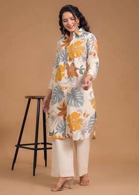 SAANWRI Women Floral Print A-line Kurta(Yellow)