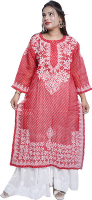 Gulkari Women Chikan Embroidery Straight Kurta(Red, White)