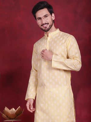 Jompers Men Printed Straight Kurta(Yellow, White)
