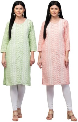 futuristic Women Chikan Embroidery Straight Kurta(Light Green, Pink)
