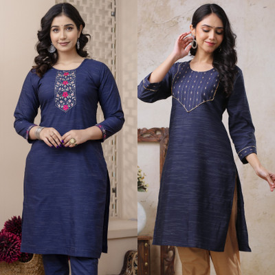 AUZAAI COLLECTION Women Embroidered Straight Kurta(Blue)