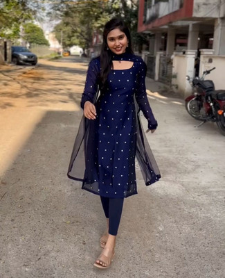 OM FAB Women Embroidered A-line Kurta(Dark Blue)