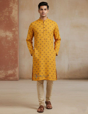 DARKCHILL Men Printed, Geometric Print A-line Kurta(Yellow)