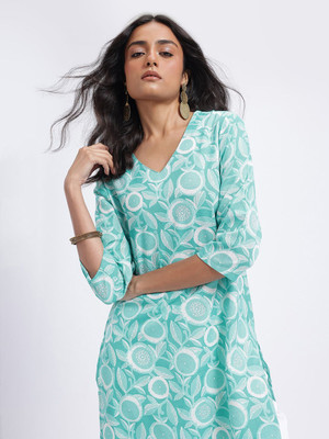 Anouk Rustic Women Floral Print Straight Kurta(Blue, White)